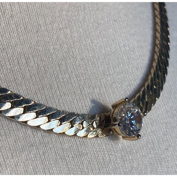 Vintage Gold Tone Solitaire Rhinesotne Necklace Herringbone Chain 17in Korea - Picture 11 of 13